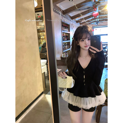 迟伞伞吊带纱摆两件套针织开衫