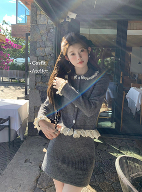 迟伞伞 sst系少女感 可拆卸重工手工钩花羊毛针织衫短裙套装裙女