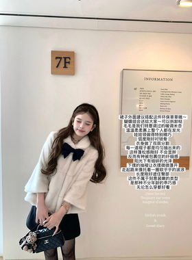 迟伞伞25/fw初雪邀请函 千金感蝴蝶结荷叶边彼得潘领环保皮草外套