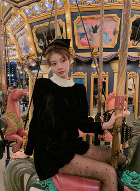 迟伞伞 午夜南瓜马车 小香vintage黑色丝绒套装贵气复古上衣半裙