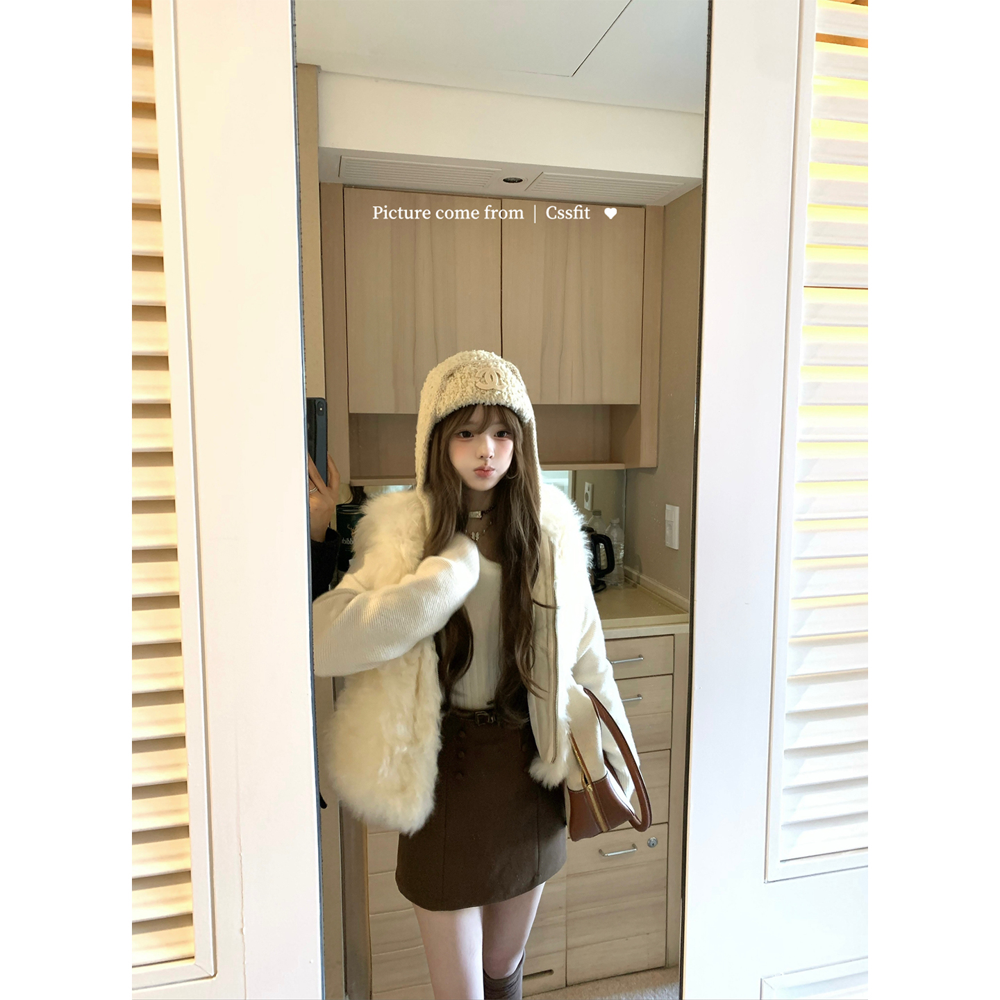 迟伞伞拼接皮草连帽外套