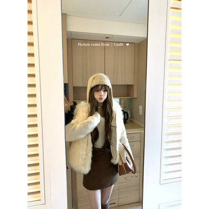 迟伞伞25/fw 冬来枝白 真山羊毛针织拼接皮草连帽外套