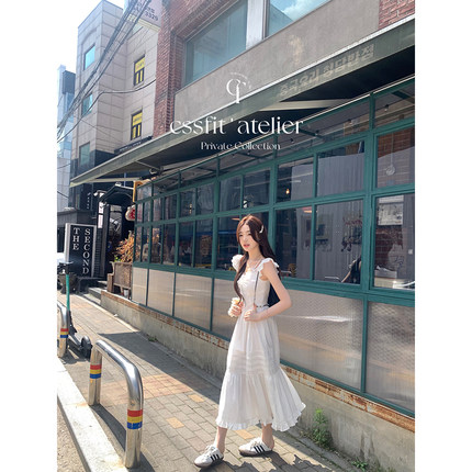 迟伞伞 奶香午后 蕾丝拼接小飞袖吊带一字肩天丝棉连衣裙收腰长裙