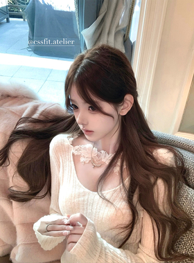 迟伞伞26/ss 蕾恋猫语 超仙 坑条羊毛v领蕾丝针织内搭打底上衣