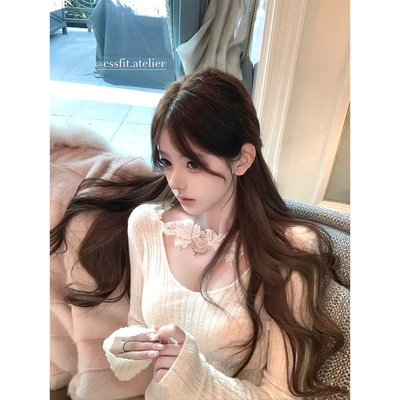 迟伞伞坑条羊毛v领蕾丝针织内搭