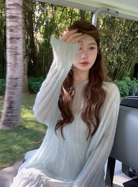 迟伞伞 25/ss chao嫩纱线 马海毛+羊毛银丝冰蓝色针织罩衫女薄款