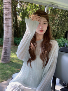 chao嫩纱线 马海毛 羊毛银丝冰蓝色针织罩衫 迟伞伞 女薄款