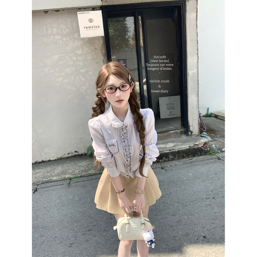 迟伞伞蕾丝翻领条纹衬衫