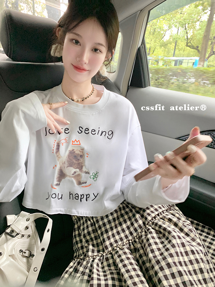 迟伞伞2022年初秋印花小猫长袖T