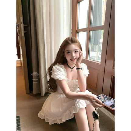 迟伞伞25/ss 白天使街区 玉兰白棉质木耳边蝴蝶结泡泡袖连衣短裙