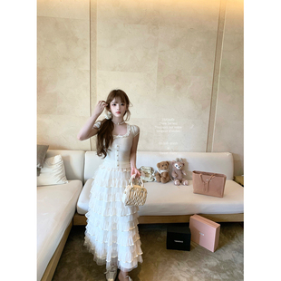 迟伞伞26/ss 柠檬草情事 清纯白花羊毛针织上衣奶油层叠长纱裙