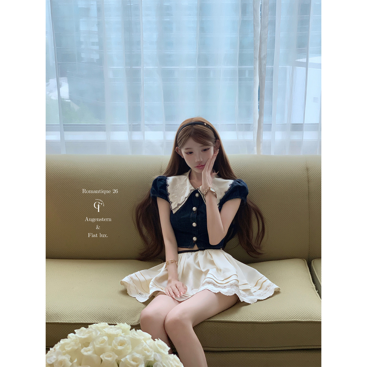 迟伞伞26/ss 少女高校 双层翻领刺绣珍珠扣牛仔衬衫上衣/重工半裙