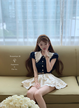迟伞伞26/ss 少女高校 双层翻领刺绣珍珠扣牛仔衬衫上衣/重工半裙