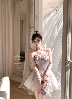 迟伞伞25/ss 日落黄昏紫 雾紫色蝴蝶结吊带纱纱连衣裙公主风短裙