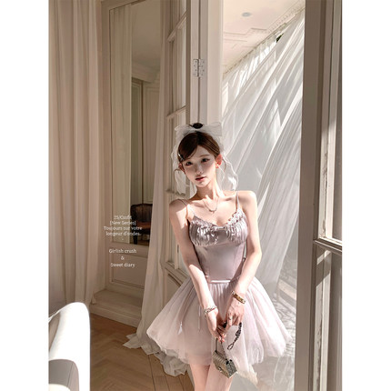 迟伞伞25/ss 日落黄昏紫 雾紫色蝴蝶结吊带纱纱连衣裙公主风短裙