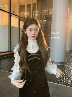 迟伞伞 珍妮舞会 手工钉钻蝴蝶结丝绒波点背心裙黑色连衣裙短裙