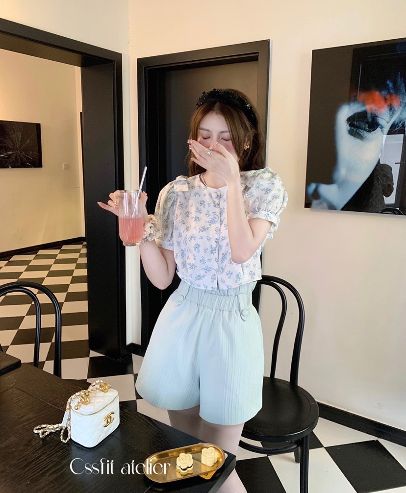 蓝色星期一 暗纹花边蓝色女夏高腰休闲裤