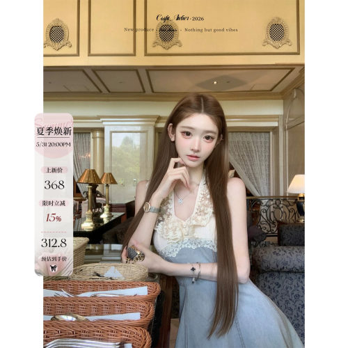 迟伞伞26/ss 原野茉莉 独家中古蕾丝领纯棉挂脖牛仔连衣裙a字裙