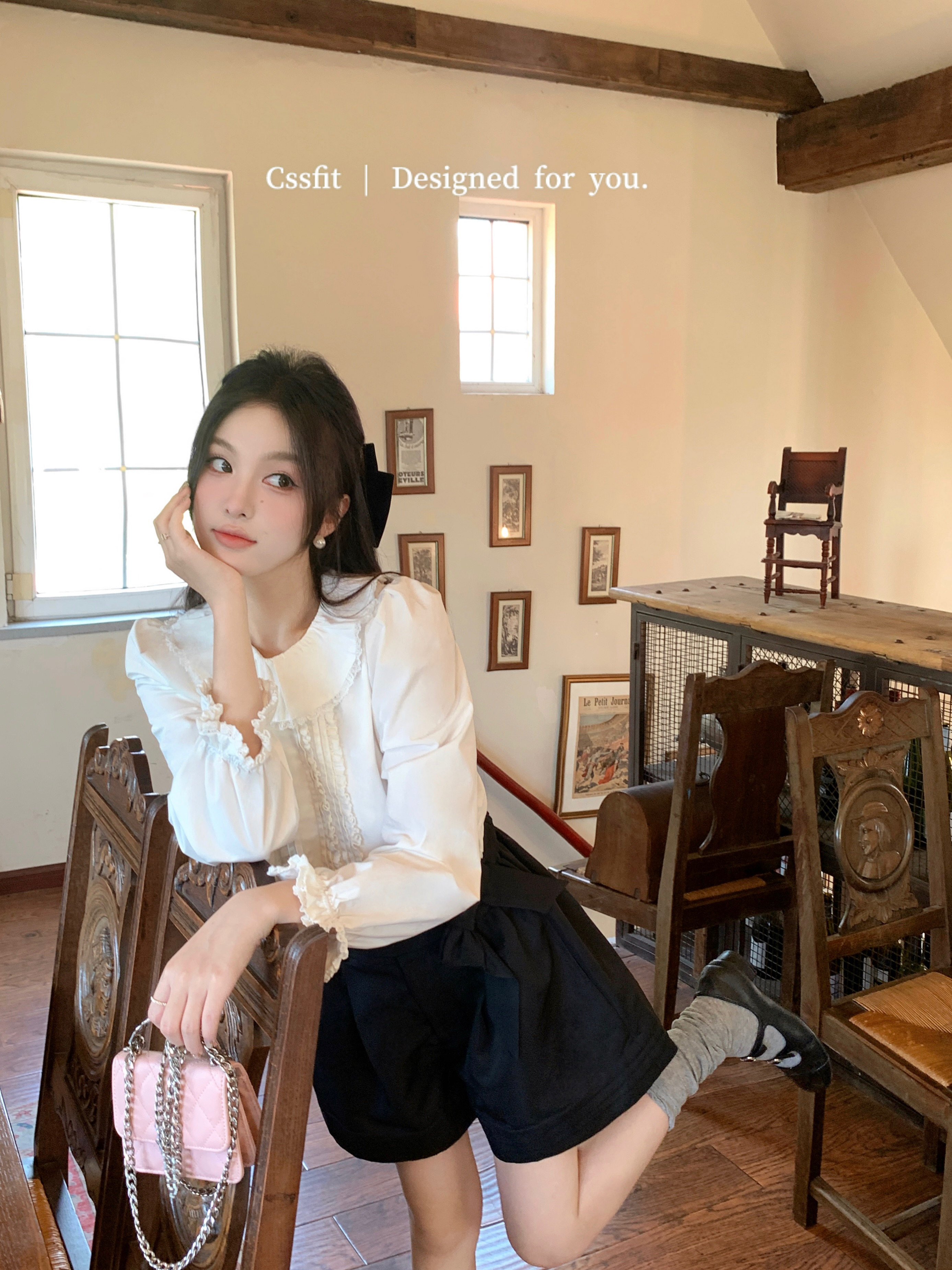 迟伞伞  炽夜幽月姬 jue美花边领抓襟宫廷袖系带白色衬衫女上衣