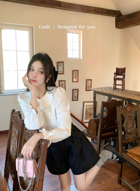 迟伞伞  炽夜幽月姬 jue美花边领抓襟宫廷袖系带白色衬衫女上衣