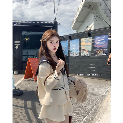 迟伞伞 海魂预科生 大翻领蝴蝶结学院风外套风衣女蕾丝条纹背心秋