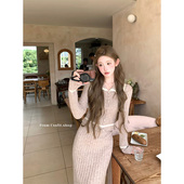 拼接长裙短裙套装 迟伞伞 针织衫 摩卡浅棕撞色翻领长袖 伦敦手信