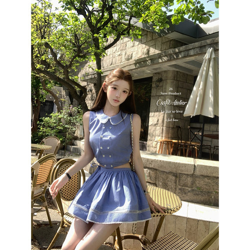迟伞伞miu系双排扣蓝格纹衬衫