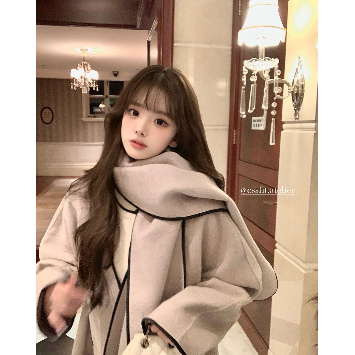 迟伞伞  拿铁周末 挚宠C0S燕麦色皮边羊毛双面呢围巾大衣外套女