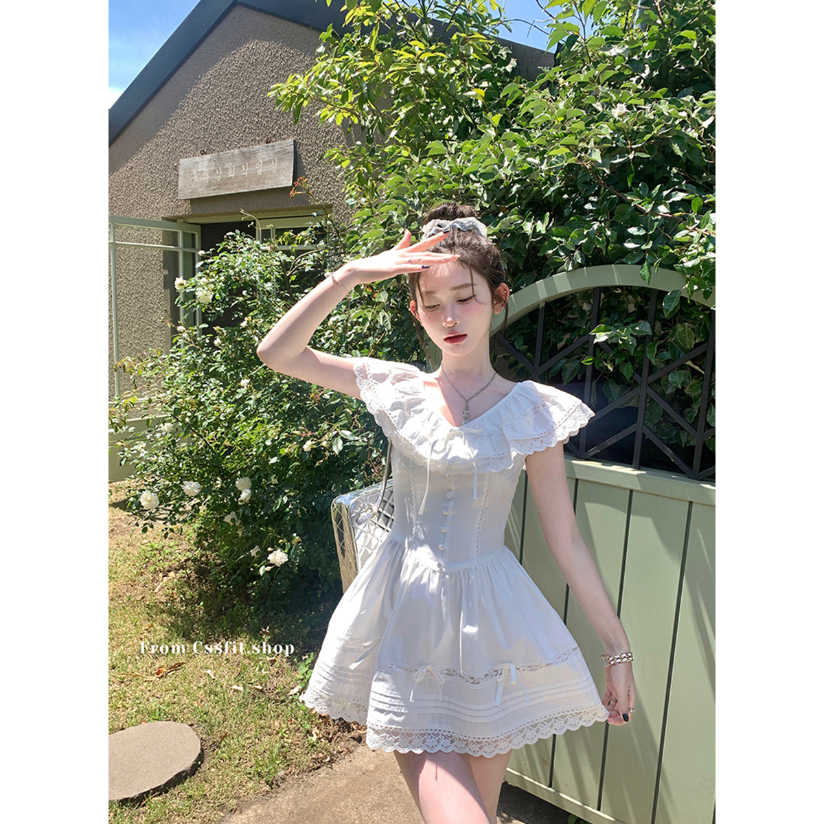 迟伞伞 古董天使 原创蕾丝边重工翻领纯棉v领连衣裙长裙短裙夏