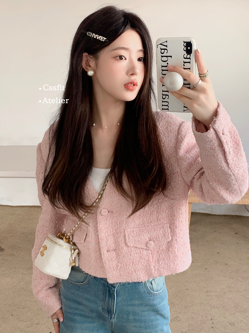 短款甜美粉色小香风外套