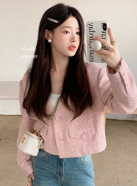 迟伞伞 25/ss 蜜桃白兰地 落肩feel～粉色小香外套千金风短款上衣