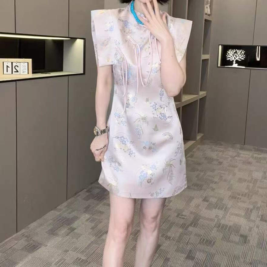 国风改良式盘扣立领旗袍连衣裙