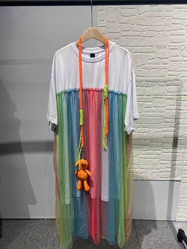GG潮牌宽松拼接网纱中长连衣裙