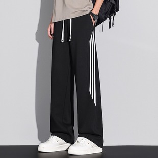 直筒宽松百搭休闲裤 条纹弯刀裤 卫裤 春秋潮牌三条杠美式 子垂 子男款