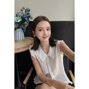 MISS RUILI定制 新款法式高级感压褶木耳边无袖衬衫翻领上衣F2294