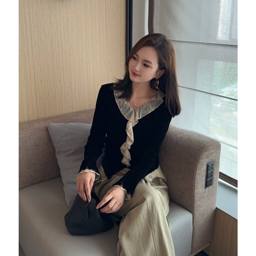 MISS RUILI定制   新款法式优雅荷叶边蕾丝拼接精致丝绒上衣F2657