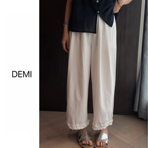 MISS RUILI定制 新款简约休闲裤女宽松直筒显瘦木耳花边阔腿F1933