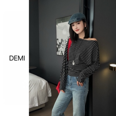 MISS RUILI定制 春季新款韩版设计感斜肩长袖T恤宽松上衣F1714