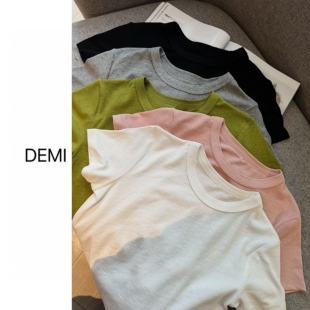 MISS RUILI定制 春季新款基础简约纯色正肩短袖百搭显瘦T恤F1767