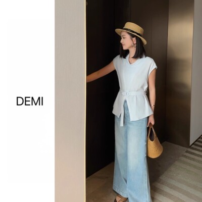 MISS RUILI定制 春季新款韩系气质翻领系带收腰无袖衬衫女F1798