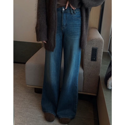 MISS RUILI定制   新款复古做旧水洗简约宽松垂感直筒牛仔裤F2645