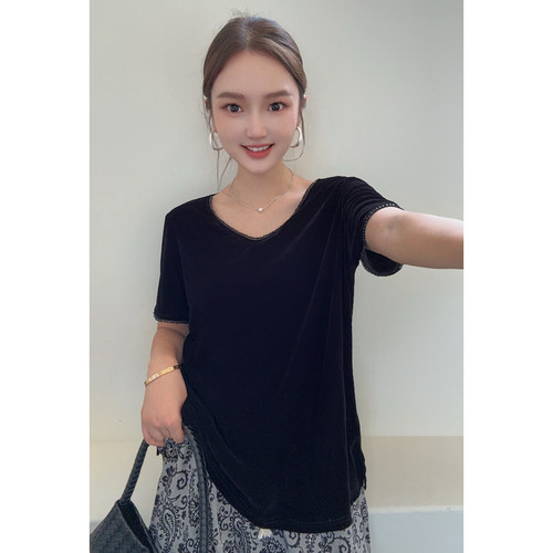 MISS RUILI定制  新款V领手工钉珠极简风气质遮肉显瘦短袖F2338