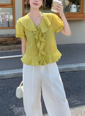 MISS RUILI定制  新款荷叶边V领短袖衬衫甜美显瘦纯色上衣F2158