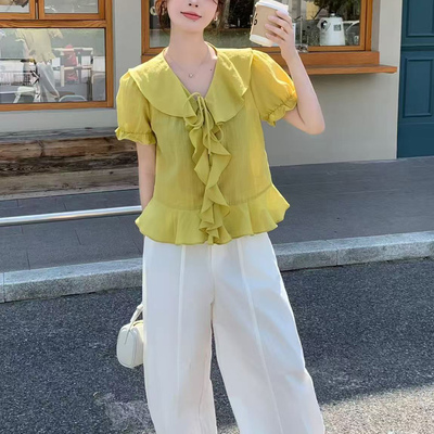 MISS RUILI定制  新款荷叶边V领短袖衬衫甜美显瘦纯色上衣F2158