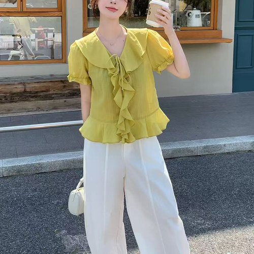 MISS RUILI定制  新款荷叶边V领短袖衬衫甜美显瘦纯色上衣F2158