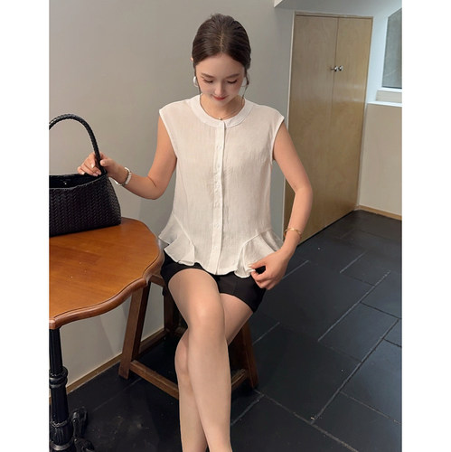 MISS RUILI定制 新款文艺下摆荷叶边甜美风薄款无袖背心衬衫F2318