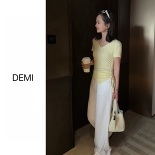 MISS RUILI定制 新款V领休闲抽绳通勤宽松基础百搭T恤上衣F1907