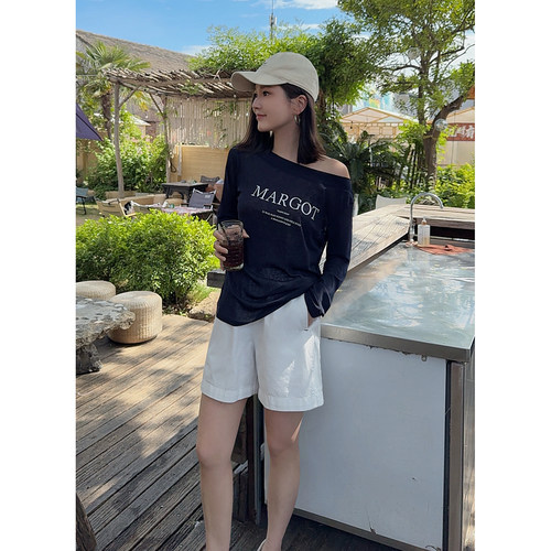 MISS RUILI定制  新款美式复古字母印花一字肩长袖垂感上衣F2070