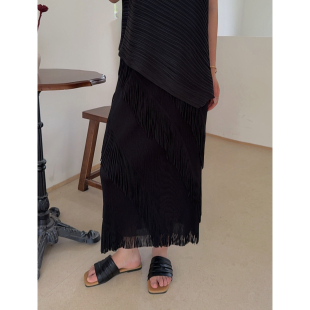 MISS RUILI定制   新款立体剪裁设计流苏百搭通勤褶皱半身裙F2173