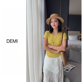 MISS RUILI定制  春季新款纯色褶皱设计感收腰正肩短袖T恤F1751